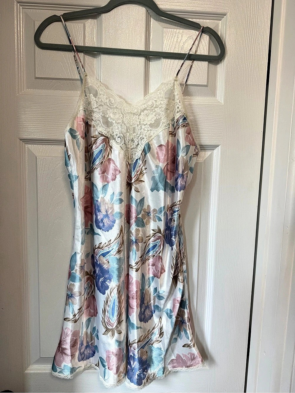 Vintage Val Mode Floral Satin Lace Trim Slip Dress Nightgown size L